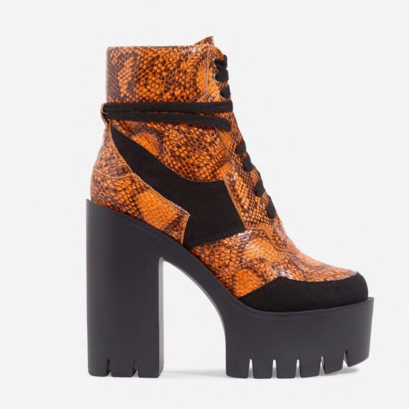 Shoes - Orange snake platform heeled boot